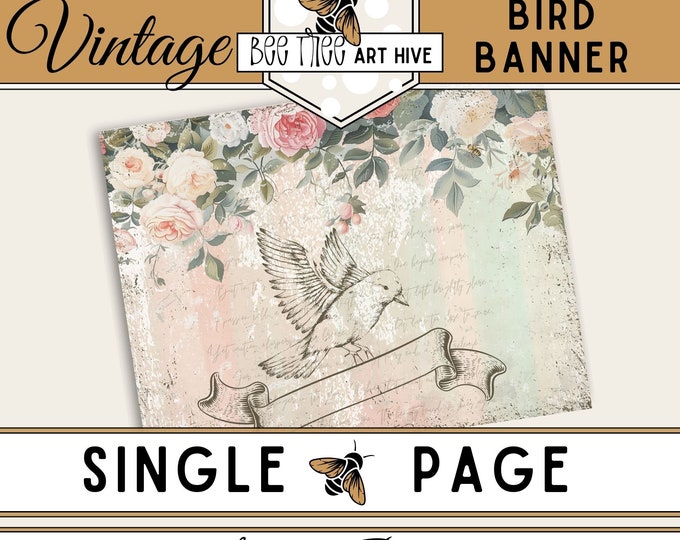 Bird Banner Scrapbook Paper, Vintage Bird and Floral Digital Paper, Distressed Pink Green Collage Decorative Paper, Printable Journal Paper