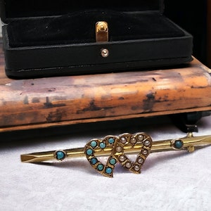 Antique Love Token Turquesa & Perla Broche Rosa 9ct Oro Victoriano