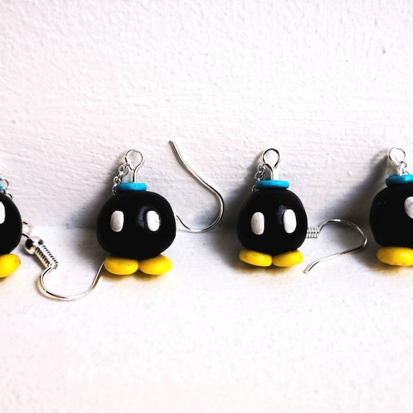 Boucles d'oreilles fantaisie bob-omb Mario en pâte fimo