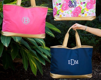 Choose Style Personalized Cabana Tote Bags Monogram Tote with Metallic Gold Trim Monogrammed Bridesmaids  Tote Bags  Monogrammed Floral Tote