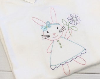 Vintage Stitch Bunny -Easter Bunny Shirt Embroidery-Embroidered, Personalized, Monogram, Girls, Baby Easter Shirt