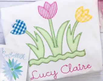 Girls Spring Tulips Applique Shirt, Personalized Embroidered Flowers Tee