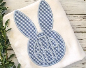 Boys Blue Seersucker Easter Bunny Personalized Shirt, Monogrammed Applique Shirt  Embroidered, Personalized, Monogram, Easter Boys Shirt