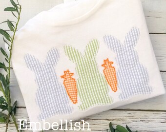 Boys Easter Shirt Gingham Bunny Carrot Trio Embroidered Personalized Shirt, Monogrammed Applique Shirt, Monogram, Easter Boys Shirt