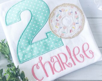 Personalized Donut Birthday Applique Shirt - Embroidered Girls T-Shirt