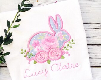 Periwinkle Floral Easter Bunny Monogrammed Shirt For Girls Personalized Girls Easter Shirt,Monogrammed Applique Easter Shirt  Embroidered,