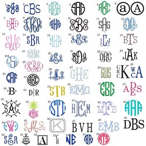 May include: A collection of 56 monogram designs in various styles and colors. The designs include initials in circles, ovals, and other shapes, perfect for personalized gifts or branding.