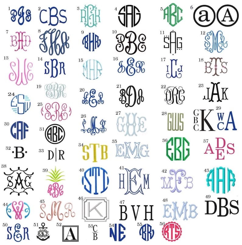 May include: A collection of 56 monogram designs in various styles and colors. The designs include initials in circles, ovals, and other shapes, perfect for personalized gifts or branding.