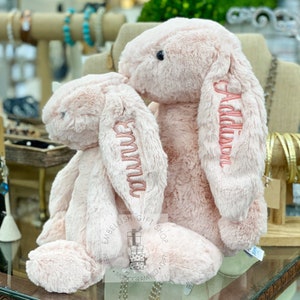 May include: Two pink plush bunny rabbits with embroidered names, "Emma" and "Addalyn", on their ears. The bunnies are sitting on a glass surface.