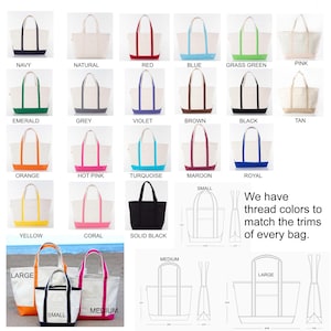 May include: A variety of tote bags in different colors and sizes. The bags are made of canvas and have a contrasting colored trim. The text "We have thread colors to match the trims of every bag." is displayed below the bags.