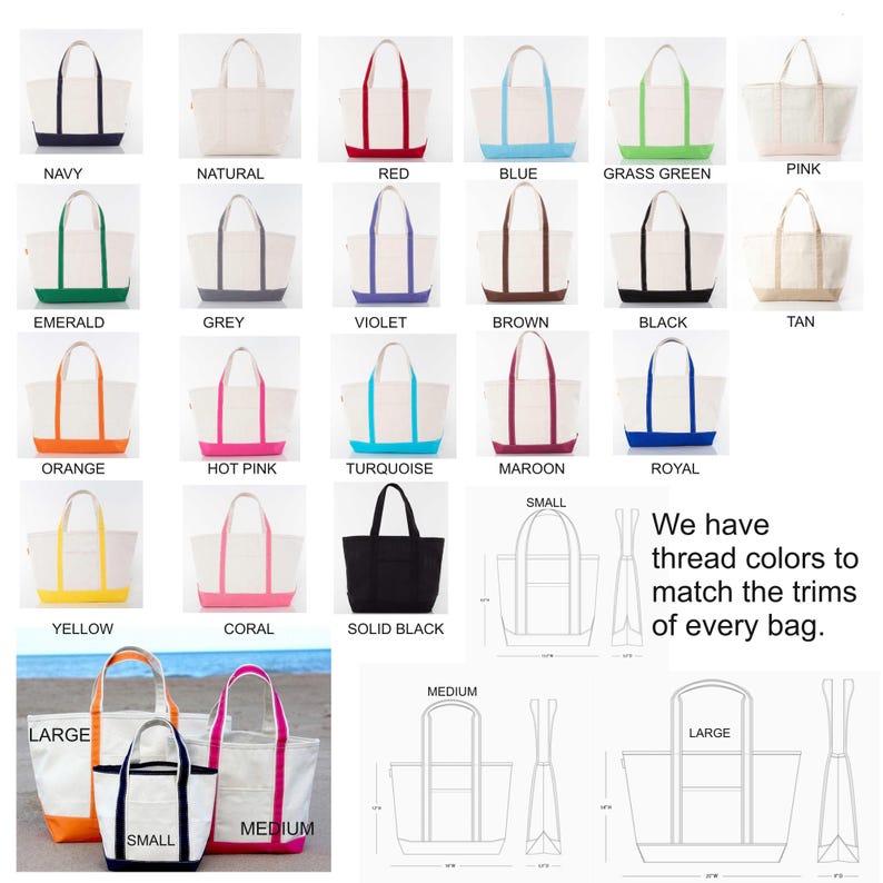 May include: A variety of tote bags in different colors and sizes. The bags are made of canvas and have a contrasting colored trim. The text "We have thread colors to match the trims of every bag." is displayed below the bags.