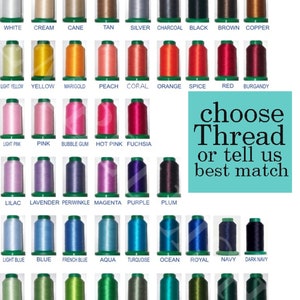 May include: A chart of 48 spools of embroidery thread, each with a different color. The spools are arranged in rows of 8, with the color names listed below each spool. The colors include white, cream, cane, tan, silver, charcoal, black, brown, copper, light yellow, yellow, marigold, peach, coral, orange, spice, red, burgundy, light pink, pink, bubble gum, hot pink, fuchsia, lilac, lavender, periwinkle, magenta, purple, plum, light blue, blue, french blue, aqua, turquoise, ocean, royal, navy, dark navy, celery, sage, lime, kelly, mushroom, jade, olive, hunter, and emerald. The text "choose Thread or tell us best match" is written in a turquoise box at the bottom of the chart.