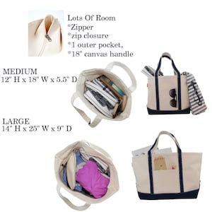 May include: Two canvas tote bags with blue trim and a zipper closure. The smaller bag is 12 inches high by 18 inches wide by 5.5 inches deep. The larger bag is 14 inches high by 25 inches wide by 9 inches deep. Both bags have an 18 inch canvas handle and one outer pocket.