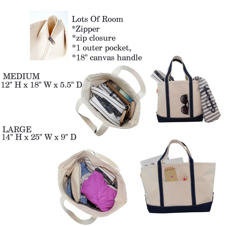 May include: Two canvas tote bags with blue trim and a zipper closure. The smaller bag is 12 inches high by 18 inches wide by 5.5 inches deep. The larger bag is 14 inches high by 25 inches wide by 9 inches deep. Both bags have an 18 inch canvas handle and one outer pocket.