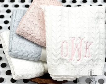 Personalized Cable Knit Baby Blanket White Blue Or Pink | Personalized Baby Blanket | Monogrammed Baby Blanket Cable Knit