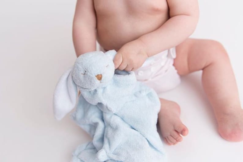 以下が含まれることがあります： 赤ちゃんが青いぬいぐるみウサギのセキュリティブランケットを持っています。ブランケットは白い顔に茶色の目と茶色の鼻をしています。