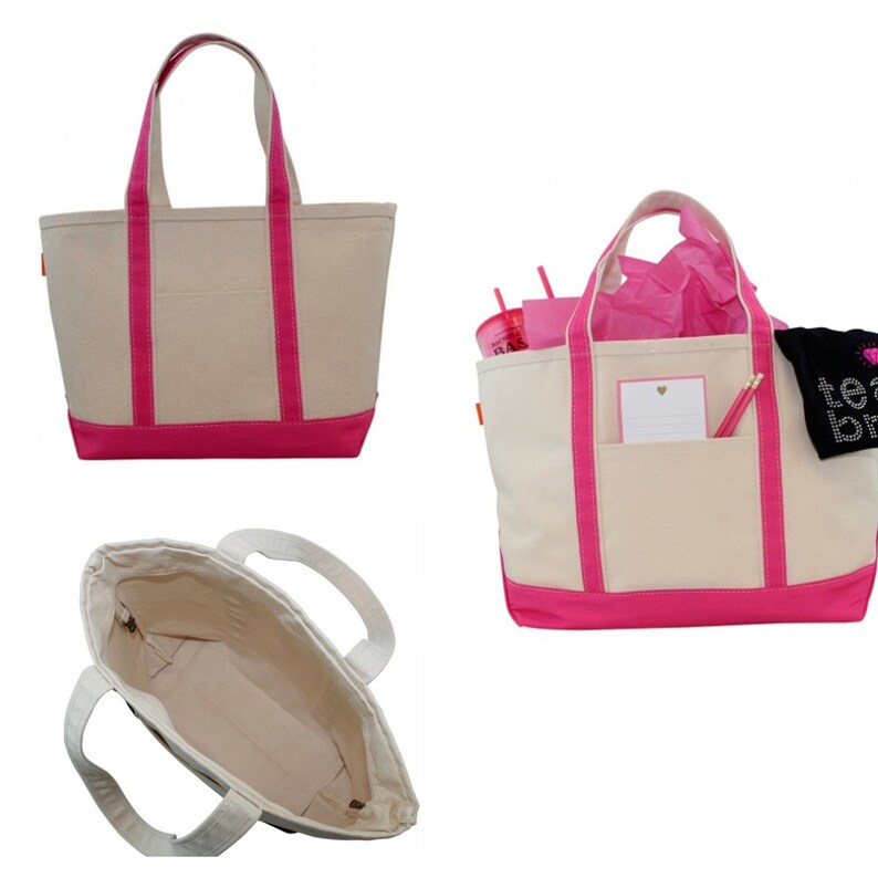 May include: A white canvas tote bag with pink trim and handles. The bag is shown in three different views: front, side, and inside. The inside view shows the bag is empty.