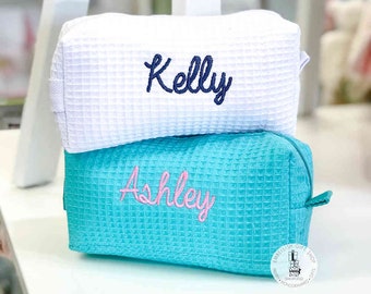 Monogrammed Waffle Cosmetic Bag -  Lined makeup bag make up Bag - Personalized Cosmetic Bag  - Monogram Graduation Gift - Bridesmaid Gift