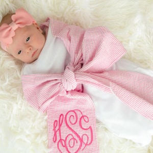 Seersucker Sash Bow Monogrammed Baby Gift, Seersucker Swaddle Sash, Personalized Sash For Baby Pictures | Monogram Sash Bow for Baby