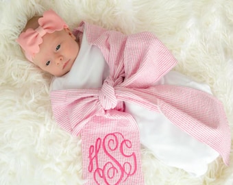 Monogrammed Seersucker Baby Sash Bow, Newborn Photo Prop
