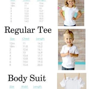 May include: Size chart for puff sleeve shirts, regular t-shirts, and bodysuits. The chart lists sizes from 12 months to 8 years old and includes measurements for width, length, chest, and waist in inches.