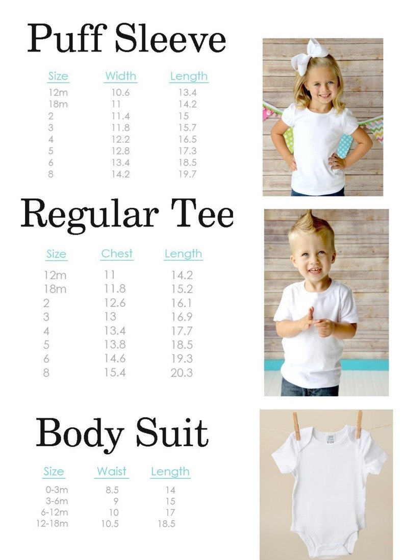 May include: Size chart for puff sleeve shirts, regular t-shirts, and bodysuits. The chart lists sizes from 12 months to 8 years old and includes measurements for width, length, chest, and waist in inches.