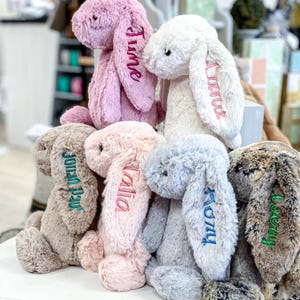 May include: Six plush bunny toys in various colors, each with a different name embroidered on the ear. The names are June,  Laura,  Joseph,  Lalia,  Rory, and  Avery.