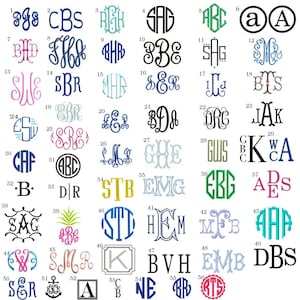May include: A chart of 56 different monogram designs, each with a unique combination of three letters. The monograms are arranged in a grid pattern and are numbered from 1 to 56. The monograms are all in a circular shape and are in various colors, including blue, green, pink, and black.