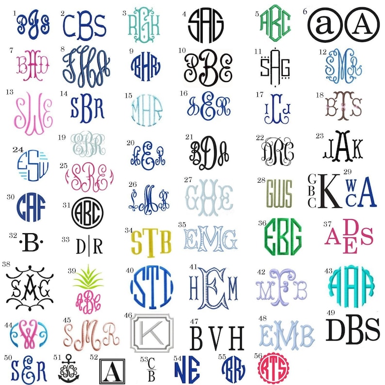 May include: A chart of 56 different monogram designs, each with a unique combination of three letters. The monograms are arranged in a grid pattern and are numbered from 1 to 56. The monograms are all in a circular shape and are in various colors, including blue, green, pink, and black.