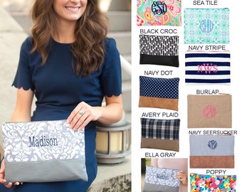 Personalized Zip Pouch Personalized Monogrammed Large Cosmetic Bag Zip Makeup Pouch Embroidered Perfect For Bridesmaids- Seersucker