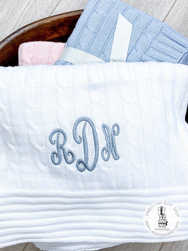 Personalized Cable Knit Baby Blanket White Blue or Pink Etsy