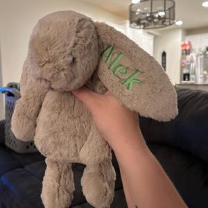 May include: A beige plush bunny with long ears. The bunny has a green embroidered name "Alek" on one ear.