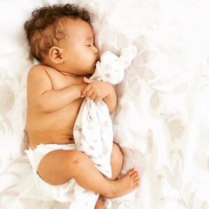 以下が含まれることがあります： 白い毛布の上で眠る赤ちゃん。白とグレーの斑点模様のぬいぐるみを抱えています。赤ちゃんは白いおむつをしています。