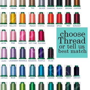 May include: A chart of 48 spools of thread in various colors, with the color name printed below each spool. The chart is titled "choose Thread or tell us best match".