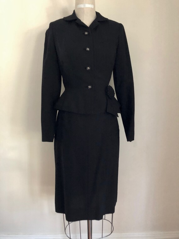 50's Black Suit Peplum Jacket Skirt Tapered Audrey