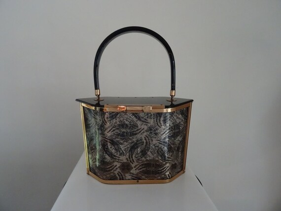 50's Purse Modern Mid Century Black Lucite Gold Bo