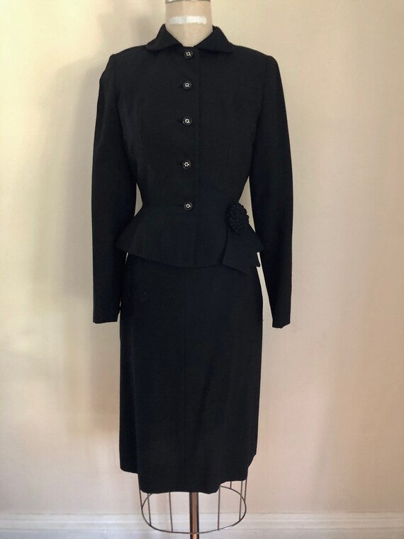 50's Black Suit Peplum Jacket Skirt Tapered Audrey