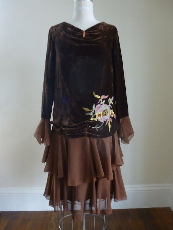20's Silk Dress Velvet Brown Embroidered Dress Fla
