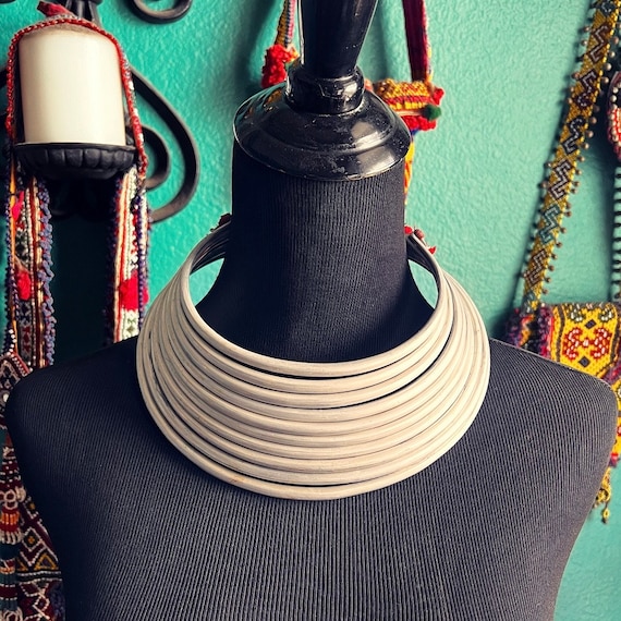 Base metal Hmong neckring with vintage fabric. - image 1