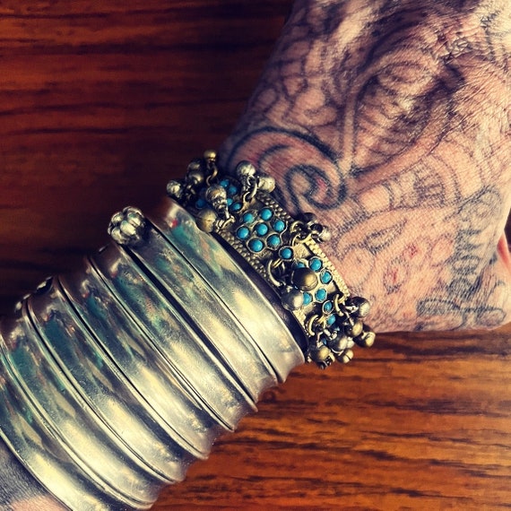 Kuchi hinged cuff with turquoise. - image 1