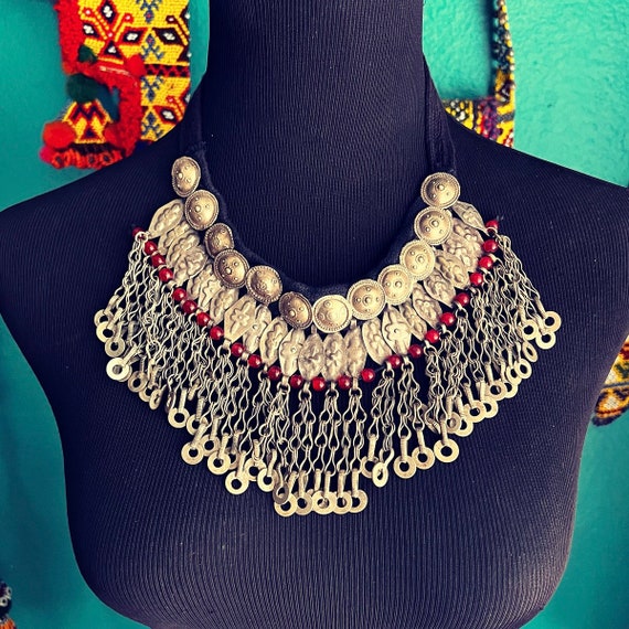 Kuchi "shoelace" necklace with red beads. #1. - image 1