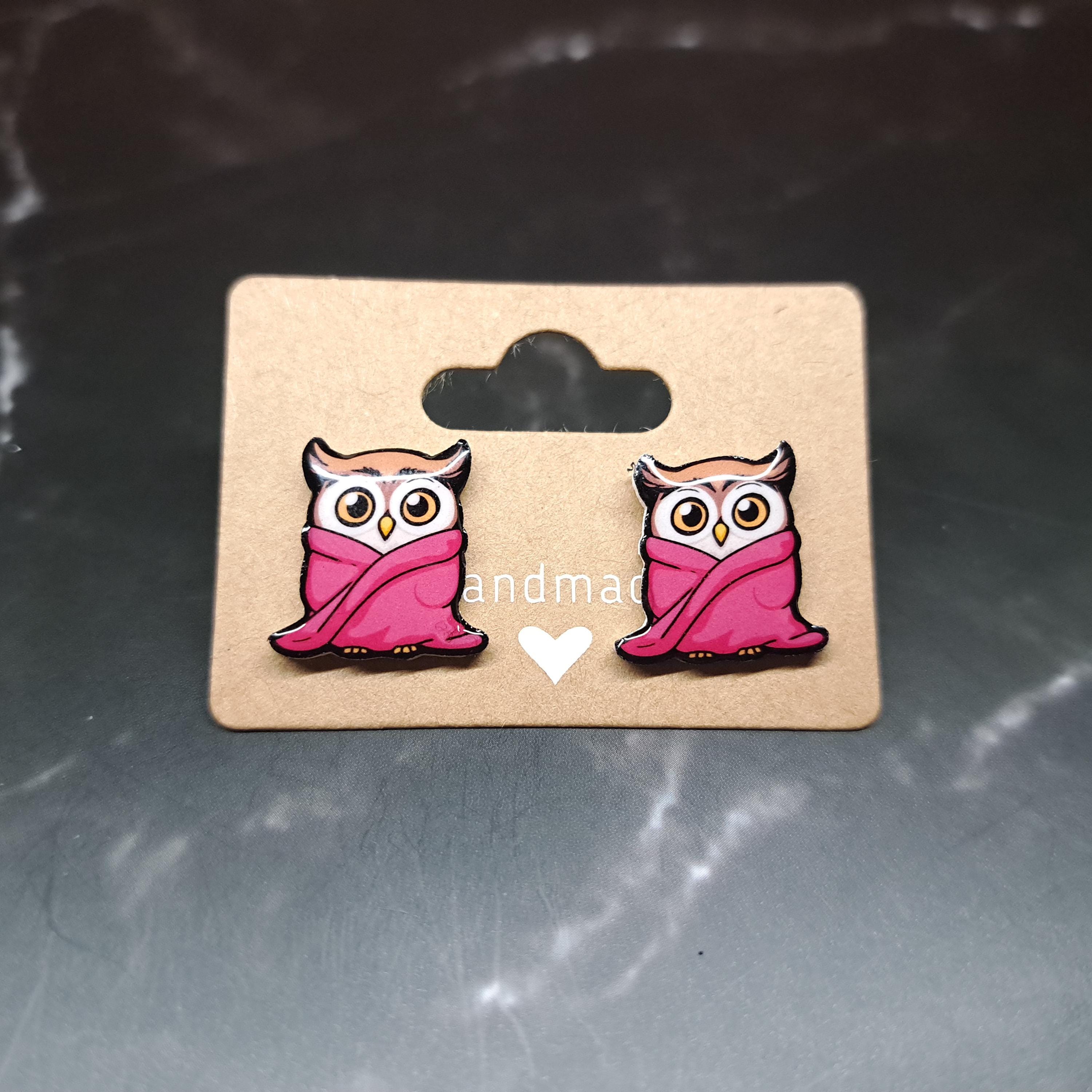 Handmade Owl Stud Earrings: Resin & Stainless Steel, Hypoallergenic