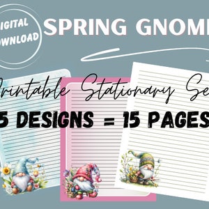 Conjunto de papelaria Spring Gnomes, Gnomos de jardim, Download digital, Papel pautado para escrever, Conjunto para escrever cartas, Suprimentos para scrapbooking, Páginas de diário