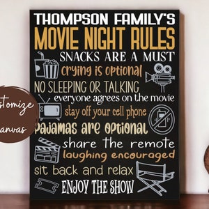 Movie Night Sign, Home Theater Sign, Family Rules Customizable, Personalized Movie Gift, Gift For Movie Lovers, Movie Room Decor, Cinema