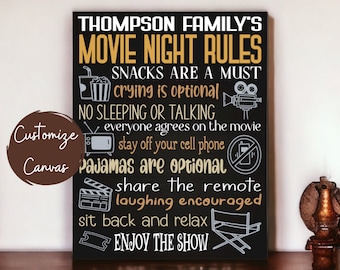Personalized Movie Night Rules Canvas Sign: Home Theater Decor
