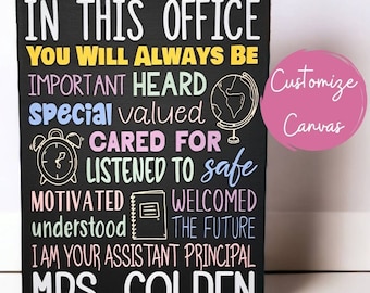 May include: Black chalkboard canvas with white text that reads "In this office you will always be important heard special valued cared for listened to safe motivated welcomed understood the future I am your assistant principal Mrs. Golden". The text is in different colors and includes a globe, alarm clock, and notebook.