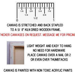 A white background with black text that reads: "CANVAS IS STRETCHED AND BACK STAPLED TO A 5/8" KILN DRIED WOODEN FRAME. THICKER CANVASES ON REQUEST. MESSAGE ME FOR PRICING" and "CANVAS IS PAINTED WITH NON TOXIC ACRYLIC PAINTS" with a ruler graphic