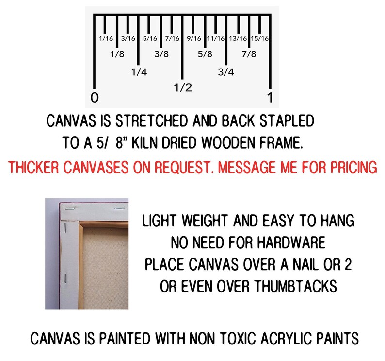 A white background with black text that reads: "CANVAS IS STRETCHED AND BACK STAPLED TO A 5/8" KILN DRIED WOODEN FRAME. THICKER CANVASES ON REQUEST. MESSAGE ME FOR PRICING" and "CANVAS IS PAINTED WITH NON TOXIC ACRYLIC PAINTS" with a ruler graphic