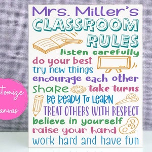 Classroom Rules, Painted Canvas, Elementary Teacher, Middle School Classroom, Gift For Teacher, Custom Classroom Sign, Teacher Name Sign