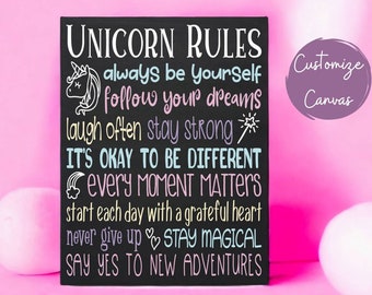 May include: Black chalkboard sign with white text that reads "Unicorn Rules" and includes a list of inspirational quotes. The quotes include "always be yourself", "follow your dreams", "laugh often stay strong", "it's okay to be different", "every moment matters", "start each day with a grateful heart", "never give up", "stay magical", and "say yes to new adventures".